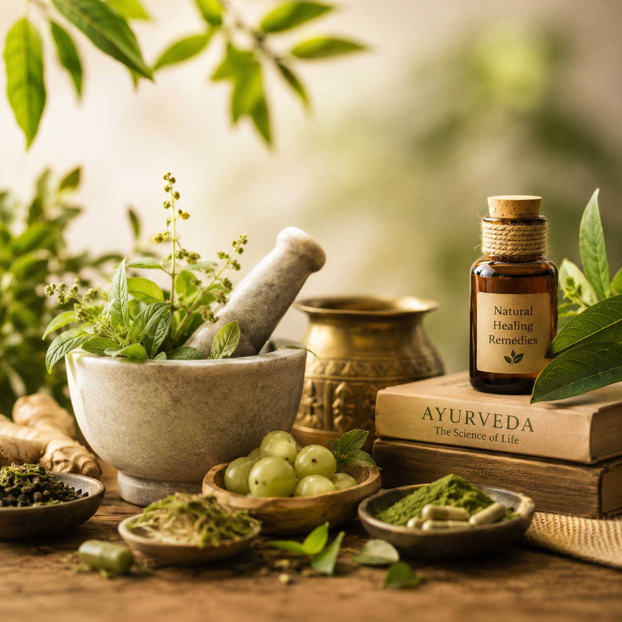 Traditional Ayurveda herbs setup